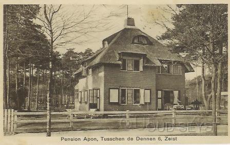 Tussen de Dennen-1933-002.jpg - Pension “Apon”, Tussen de Dennen (nr. 6). Het pand werd in 1933 bewoond door tuinder A. Apon en zijn vrouw A.G. Apon. Ze verhuisden in 1938 naar Jan Willem Frisolaan (nr. 29). Foto gemaakt in 1933.